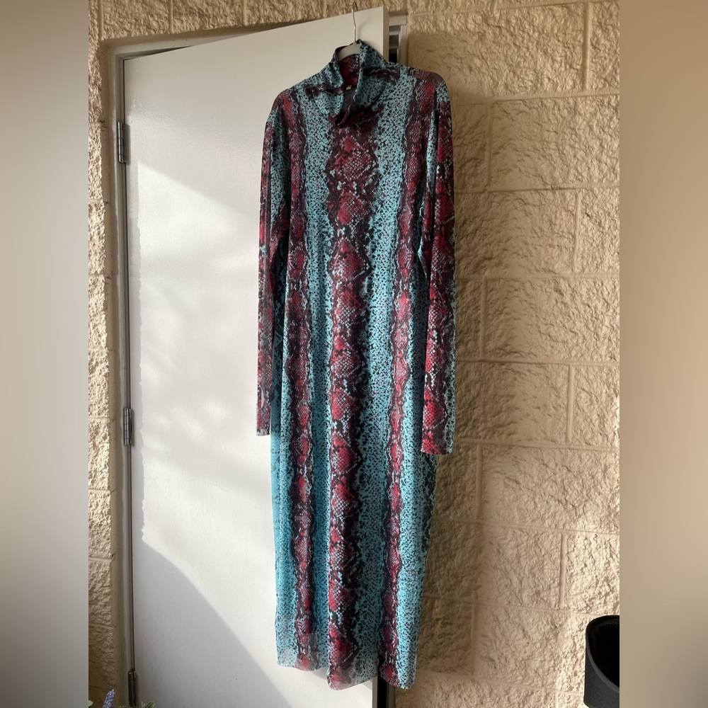 AFRM Deep Red Turquoise Snake Print Long Sleeve Dress